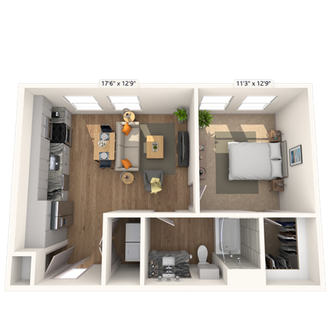 Floor plan for 1 bed, 1 bath, 615 sqft